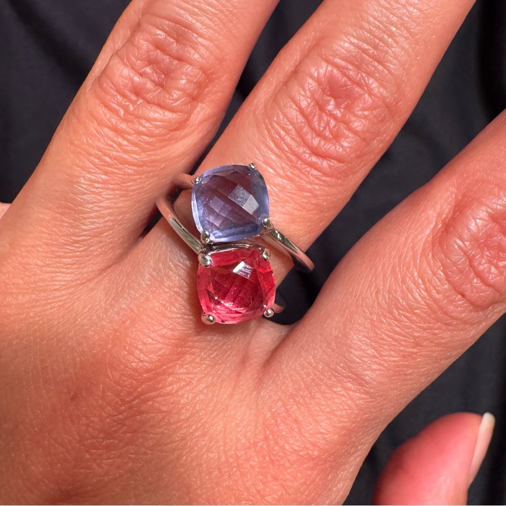 Elegant Pink and Blue Gemstone Ring Set - Picture 2 of 8